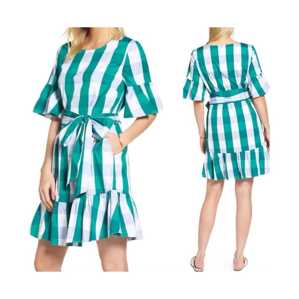 1901 Ruffle & Bow Dress Womens‎ Large Green Gingham Buffalo Check Plaid Summer